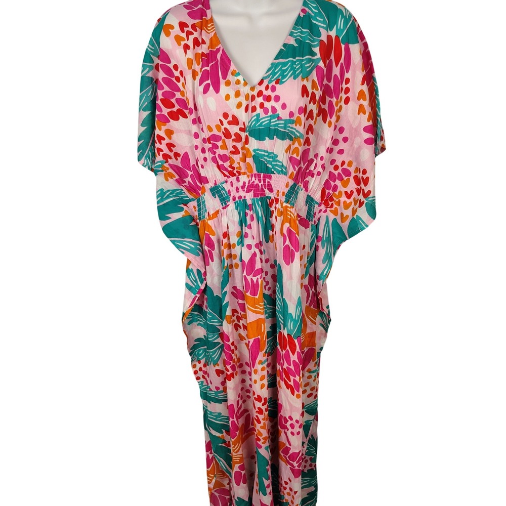 Mary Square Pink Tropical Abstract Cotton Kaftan Maxi Dress L/XL Smocked Waist